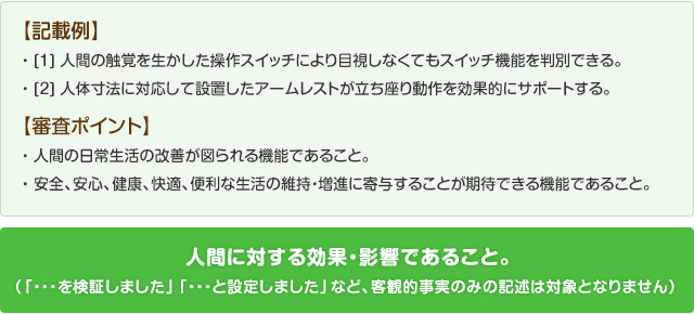 【記載例】①人間の感触を生かした操作性スイッチにより目視しなくてもスイッチ機能を判別できる。②人体寸法に対応して設置したアームレストが立ち座り動作を効果的にサポートする。【審査ピント】人間の日常生活の改善が図られる機能であること。安全、安心、健康、快適、便利な生活の意地、増進に寄与することがきたいできる機能であること。